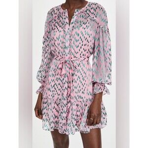 SALONI Pixie Pink Green Teardrop Devore Silk Long Sleeve Dress Sz 6